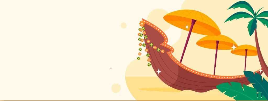 Traditional Kerala snake boat with ceremonial umbrellas on the shore